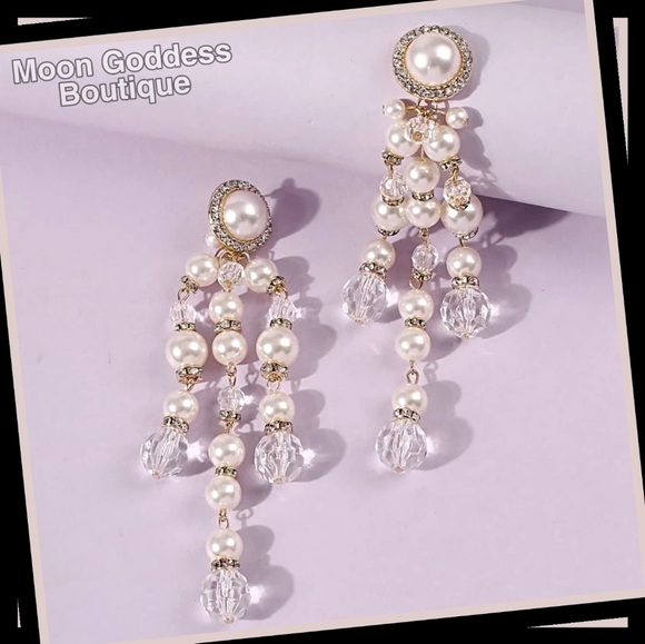Victorian ✦ Faux Pearl Beaded Drop Earrings ✦ White Crystal Rondels ✦ Long NWT - Picture 4 of 8